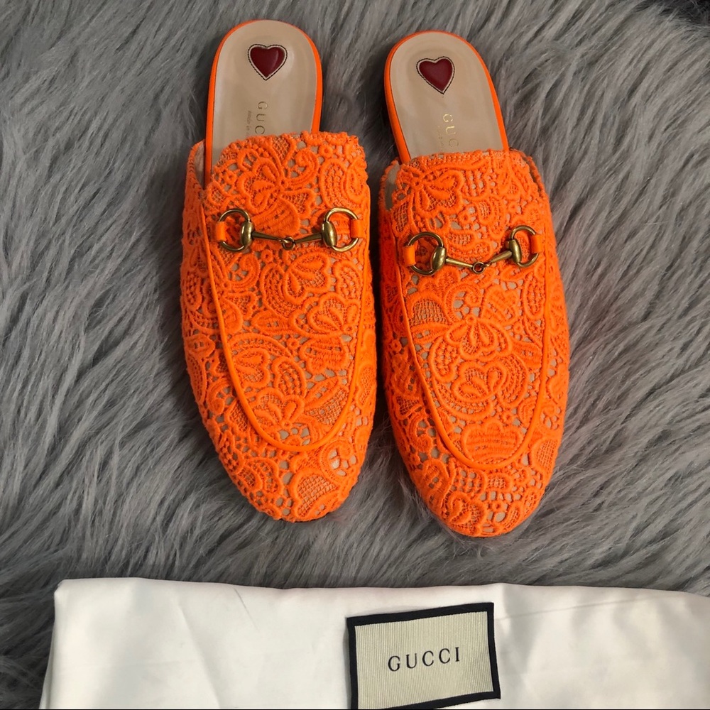 Gucci Orange Lace Horsebit Mules - Picture 3 of 8
